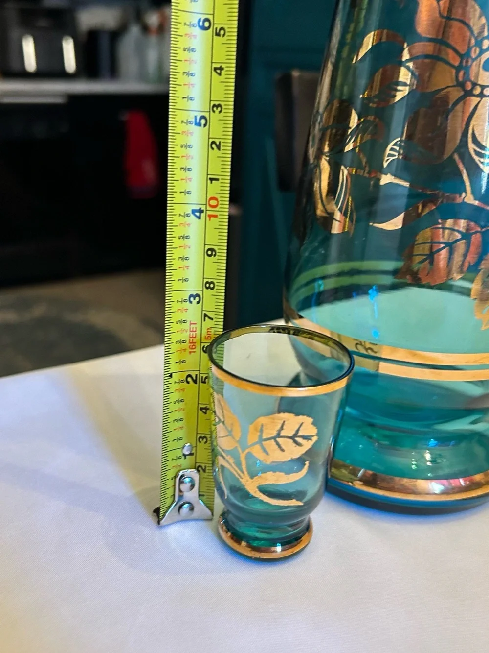 Teal Glass Decanter and Shot Glass Set with Gold Leaf Accents - Brand Unmarked